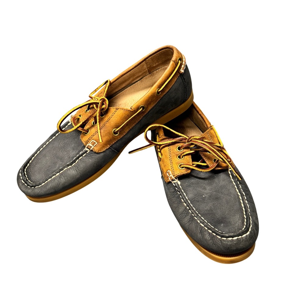 Polo Ralph Lauren Boat Shoes Mens 9 D Bienne II Navy Blue Tan Leather Loafers